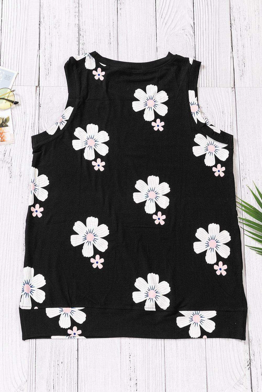 Printed Side Slit Round Neck Tank - Trendsi - Flyclothing LLC