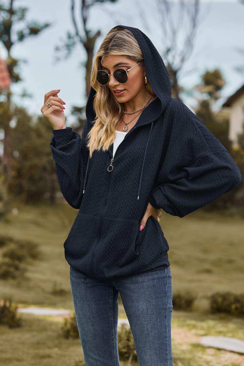 Cable-Knit Long Sleeve Hooded Jacket - Trendsi - Flyclothing LLC