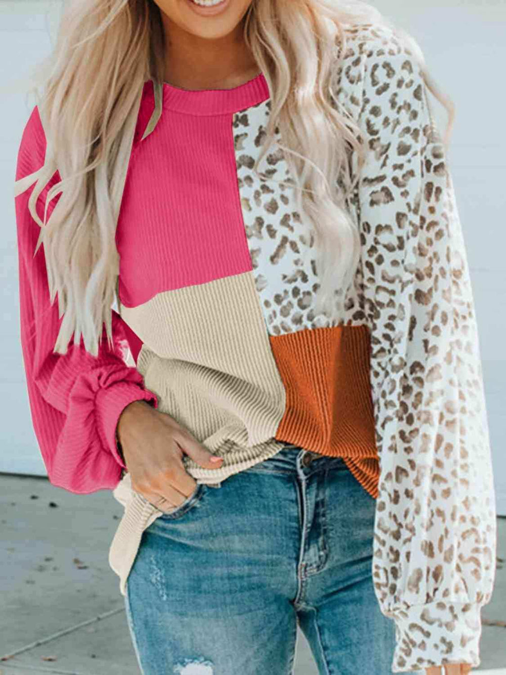 Color Block Leopard Round Neck Sweatshirt - Trendsi - Flyclothing LLC