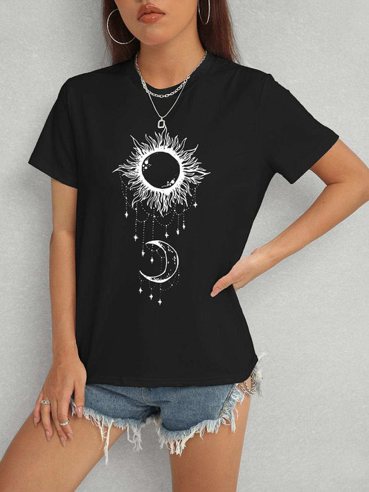 Sun & Moon Graphic Round Neck T-Shirt - Trendsi - Flyclothing LLC