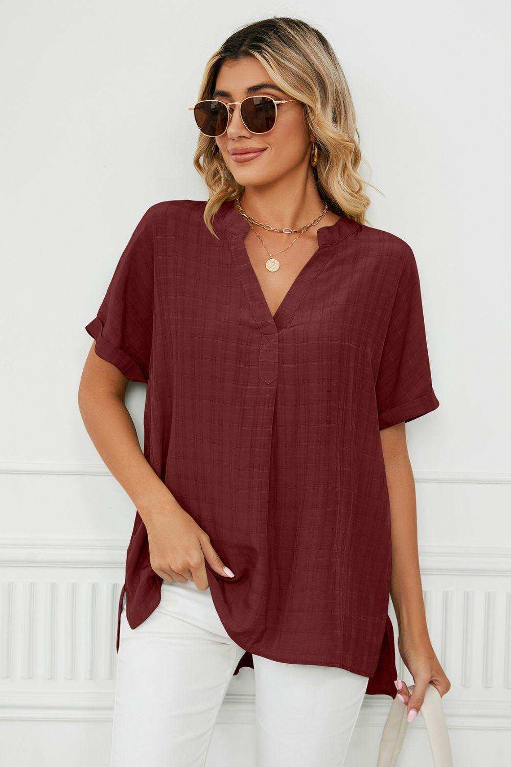 Side Slit Notched Neck Cuffed Short Sleeve Blouse - Trendsi - Flyclothing LLC