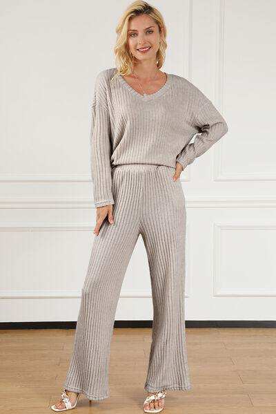 Ribbed V-Neck Top and Pants Lounge Set - Trendsi - Flyclothing LLC