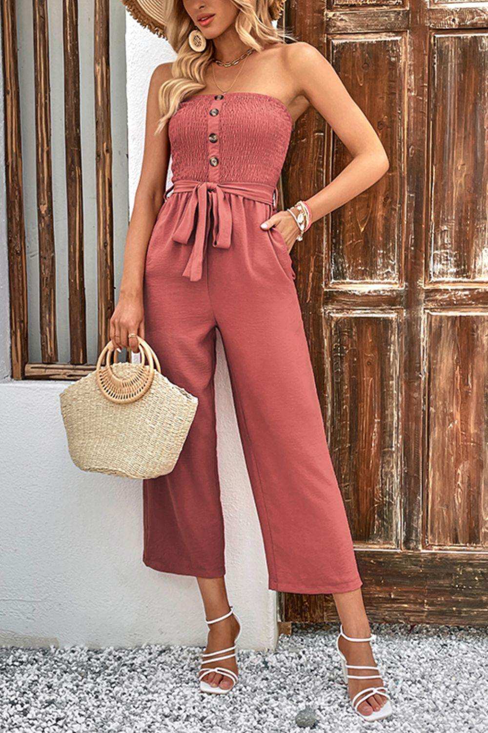 Decorative Button Strapless Smocked Jumpsuit with Pockets - Trendsi - Flyclothing LLC