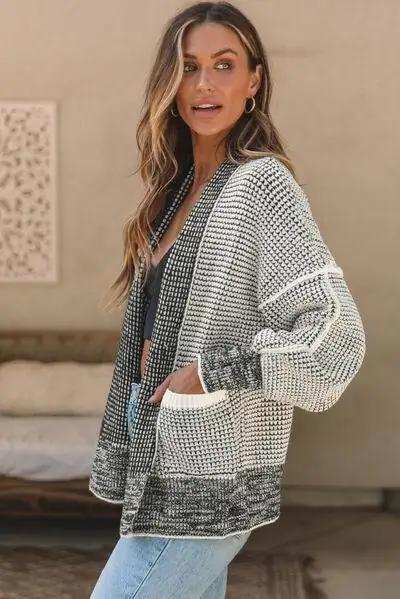 Waffle-knit Pocketed Open Front Cardigan - Trendsi - Flyclothing LLC