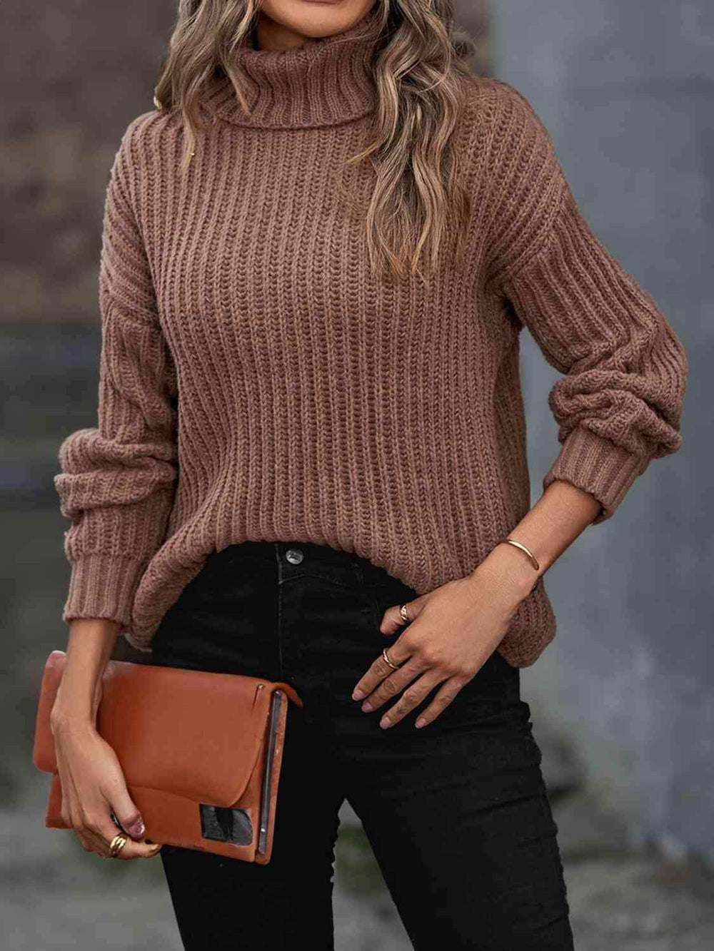Turtleneck Rib-Knit Sweater - Trendsi - Flyclothing LLC