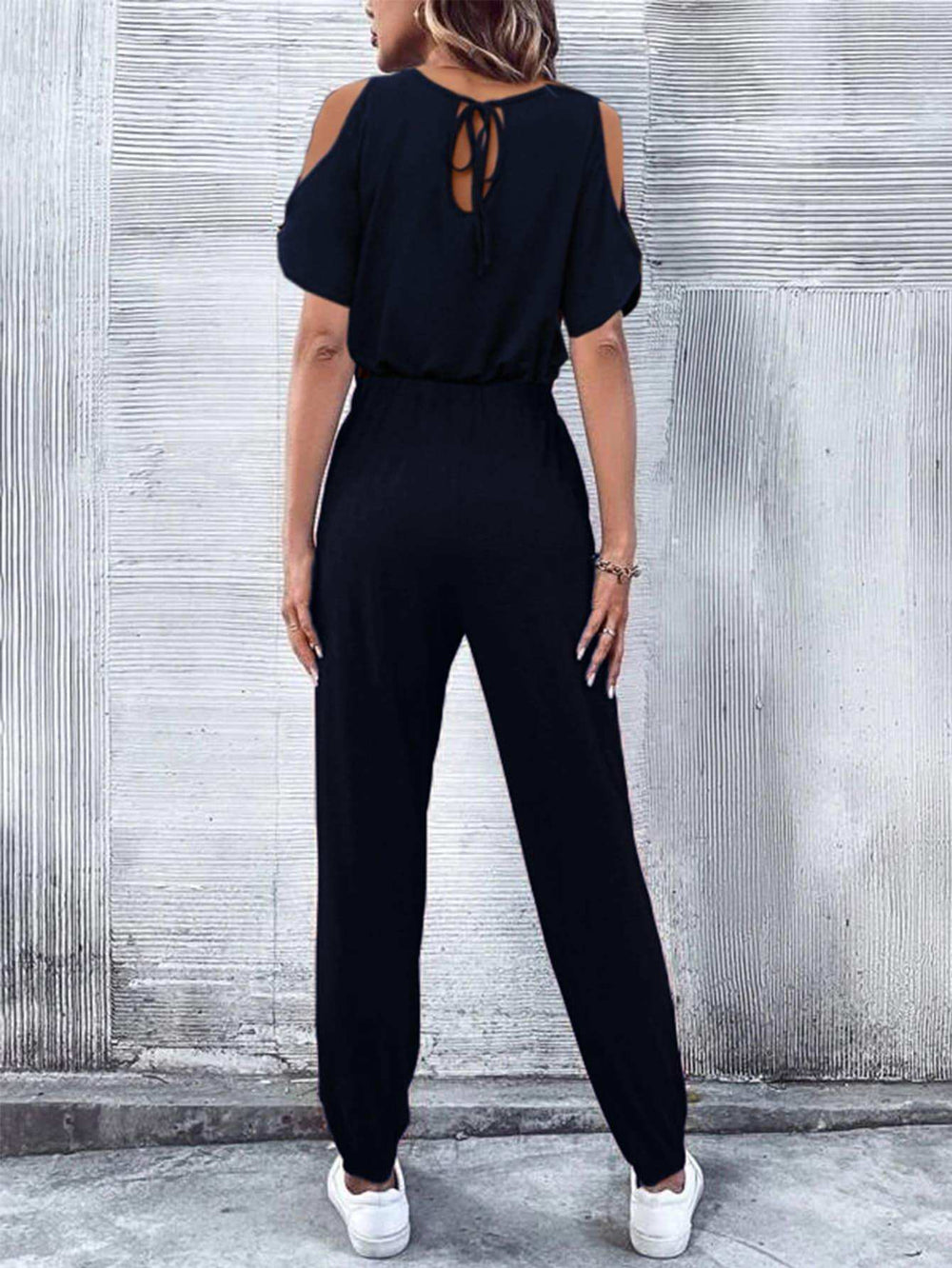 V-Neck Cold-Shoulder Jumpsuit with Pockets - Trendsi - Flyclothing LLC