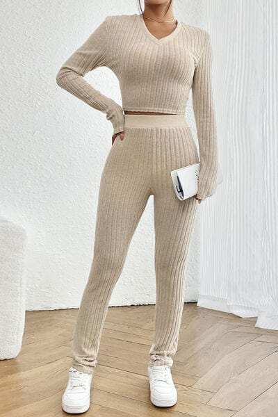 Ribbed V-Neck Long Sleeve Cropped Top and Pants Set - Trendsi - Flyclothing LLC