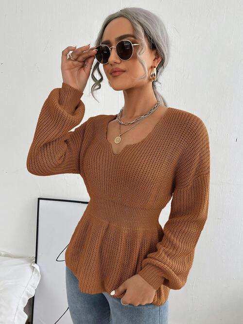 Notched Dropped Shoulder Knit Top - Trendsi - Flyclothing LLC