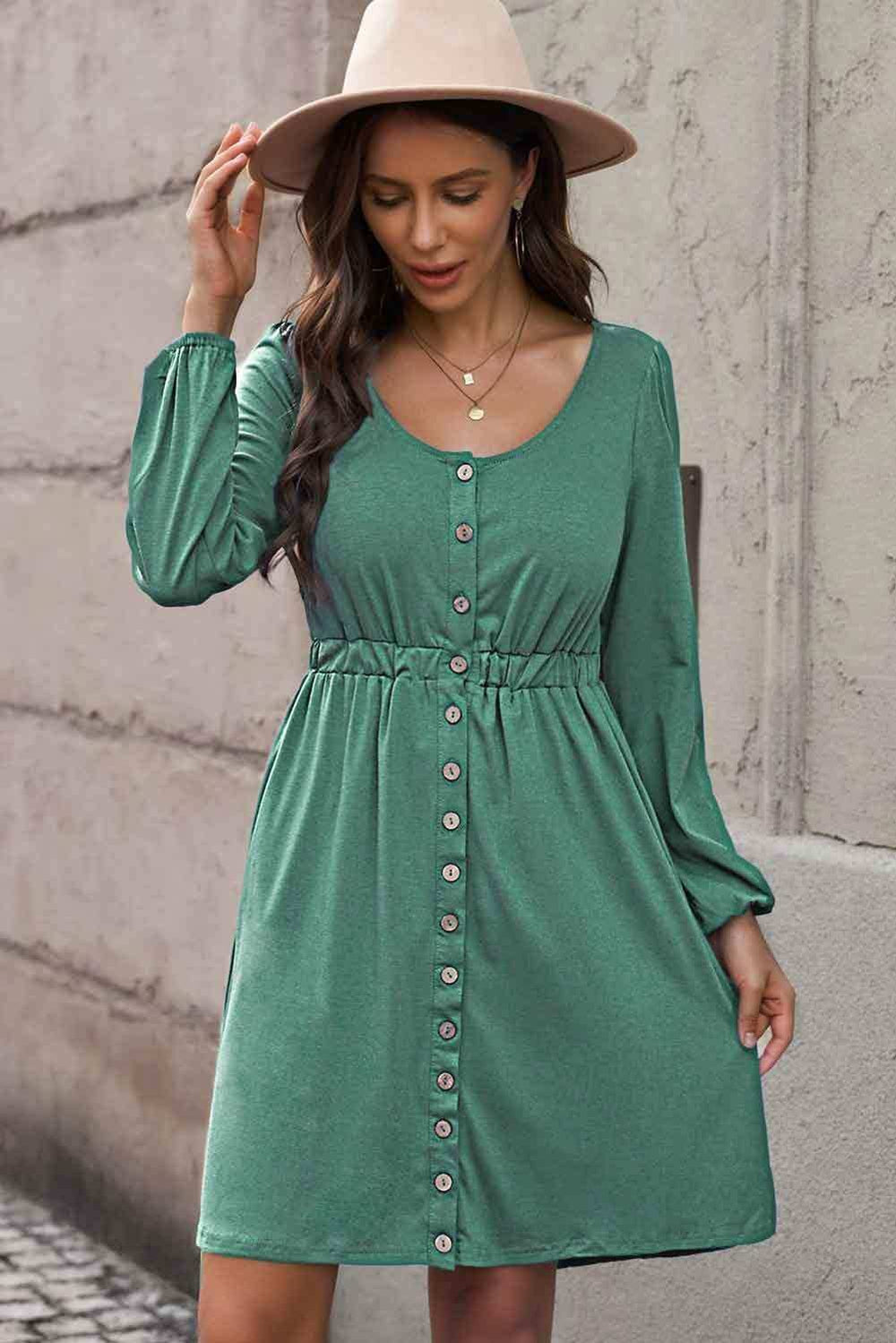 Scoop Neck Empire Waist Long Sleeve Mini Dress - Trendsi - Flyclothing LLC