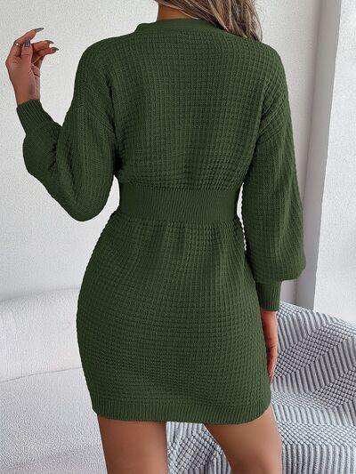 Buttoned Cable-Knit V-Neck Sweater Dress - Trendsi - Flyclothing LLC