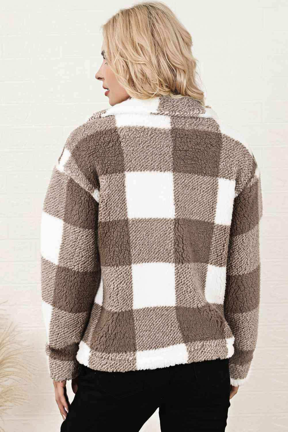Plaid Collared Neck Drop Shoulder Jacket - Trendsi - Flyclothing LLC