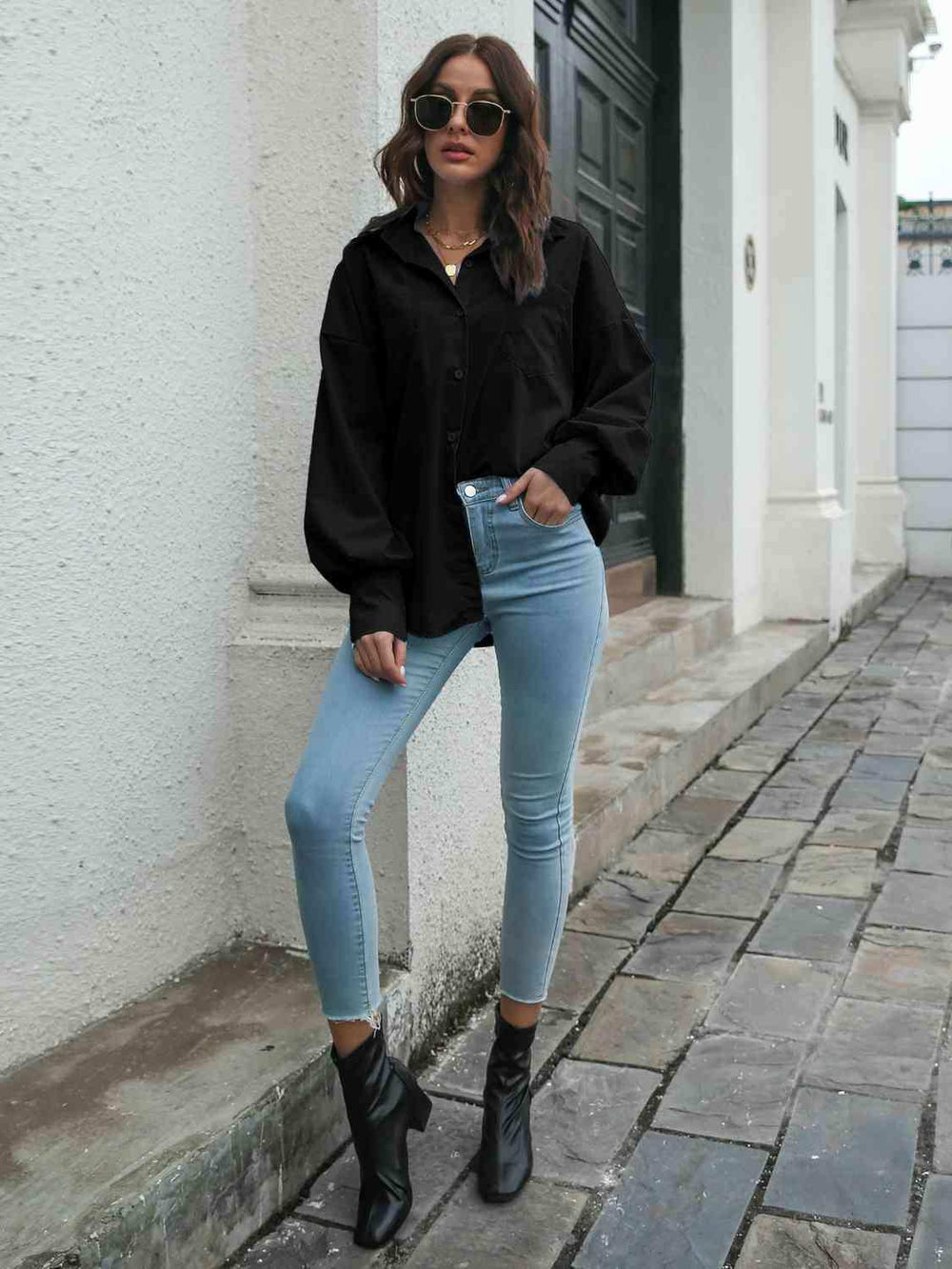 Collared Neck Dropped Shoulder Buttoned Shirt - Trendsi - Flyclothing LLC