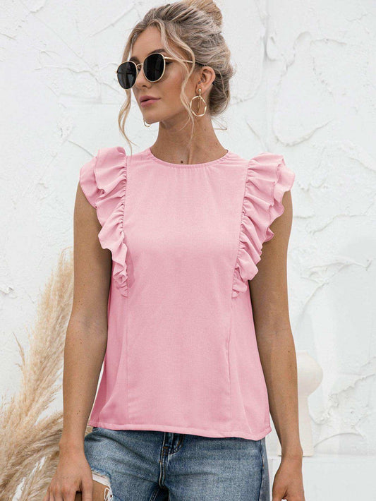 Round Neck Tied Open Back Flutter Sleeve Top - Trendsi - Flyclothing LLC