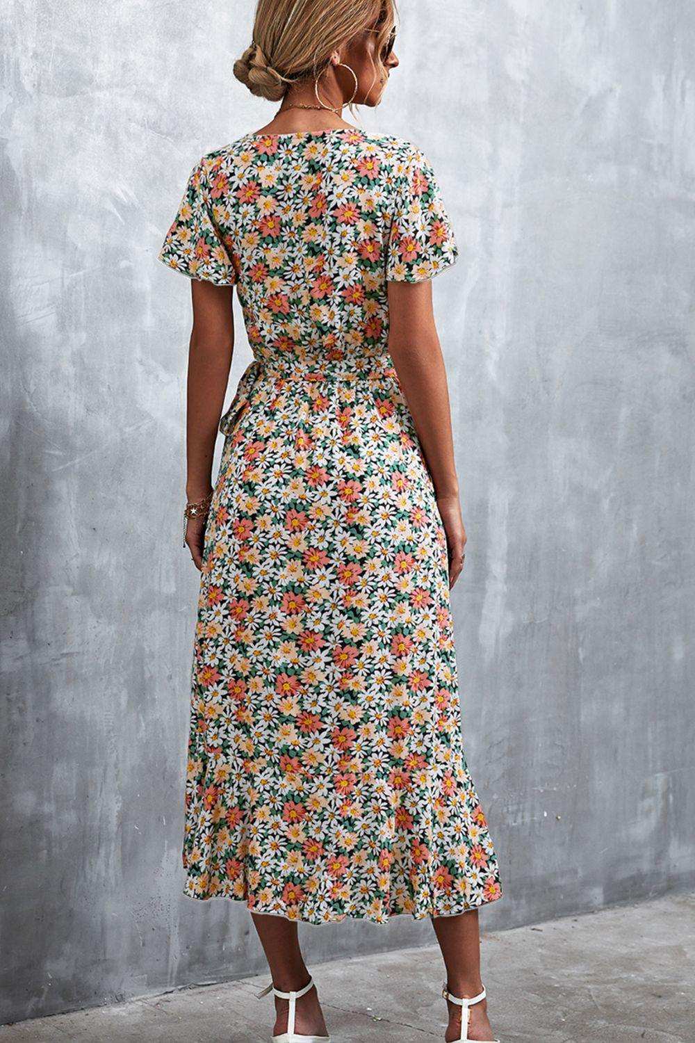 Floral Surplice Neck Tied Midi Dress - Trendsi - Flyclothing LLC