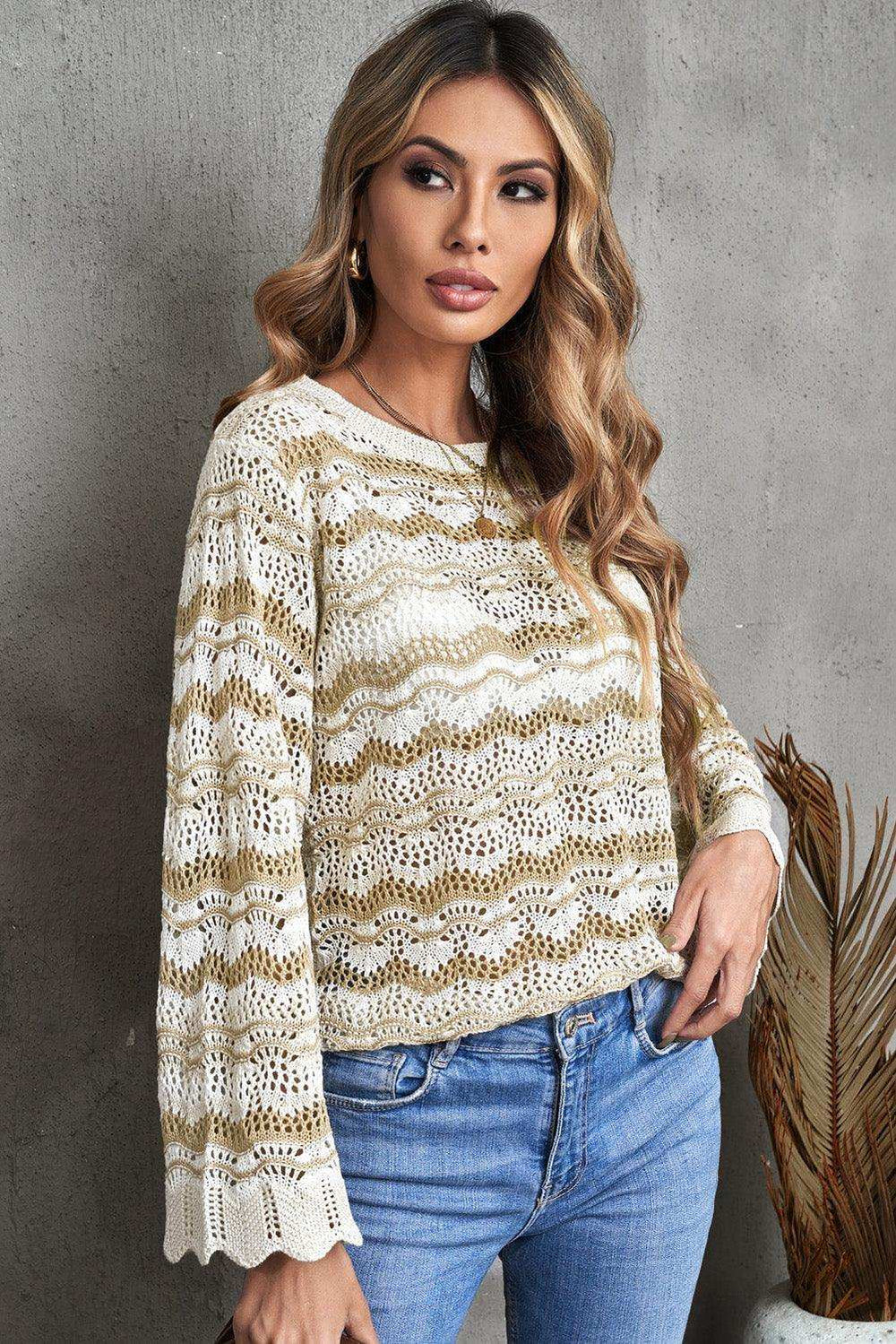 Wavy Stripe Scalloped Hem Openwork Knit Top - Trendsi - Flyclothing LLC
