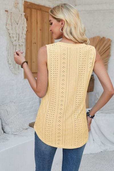 Eyelet Decorative Button V-Neck Tank - Trendsi - Flyclothing LLC