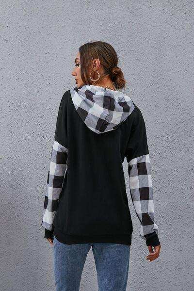 Plaid Drawstring Dropped Shoulder Hoodie - Trendsi - Flyclothing LLC