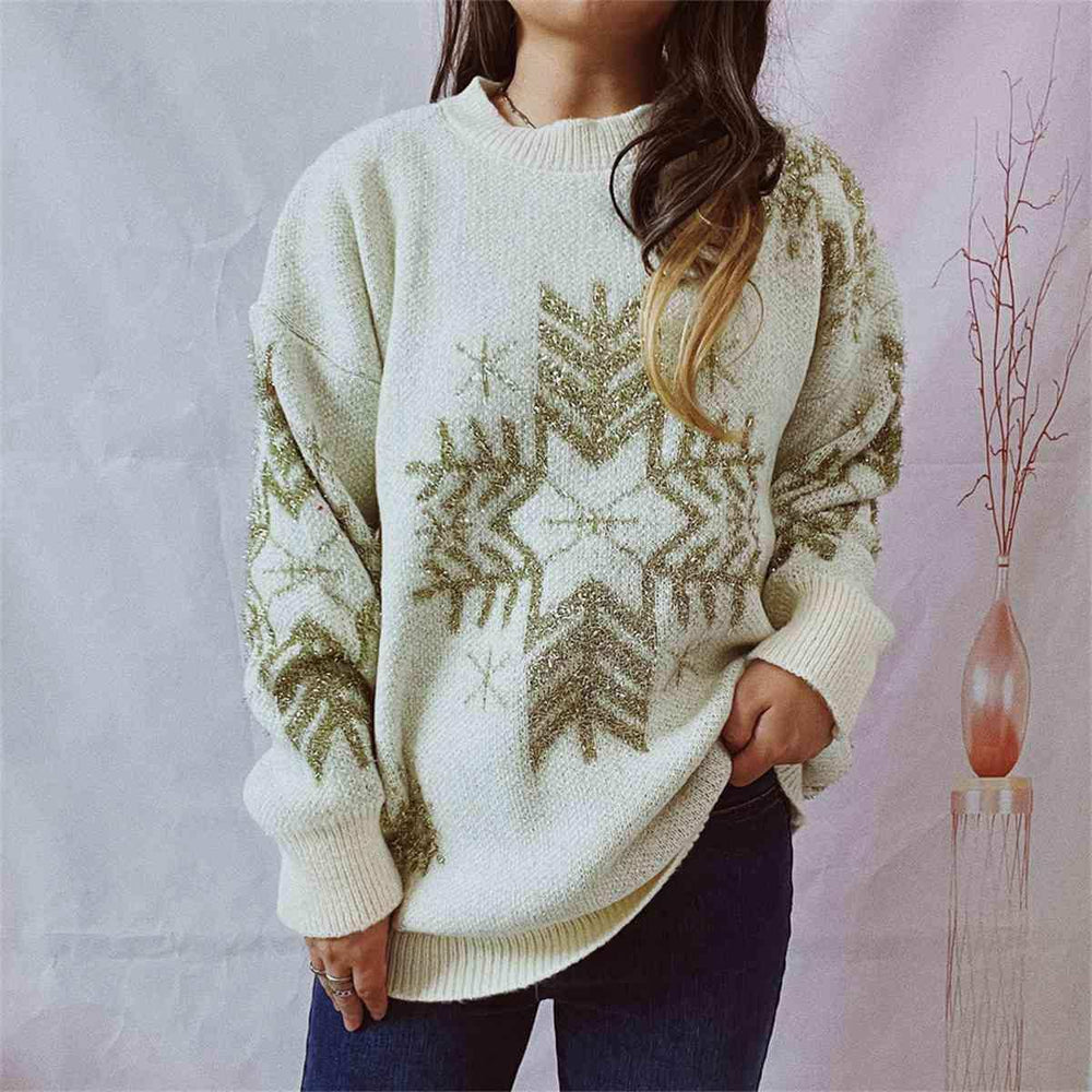 Snowflake Pattern Long Sleeve Sweater - Trendsi - Flyclothing LLC