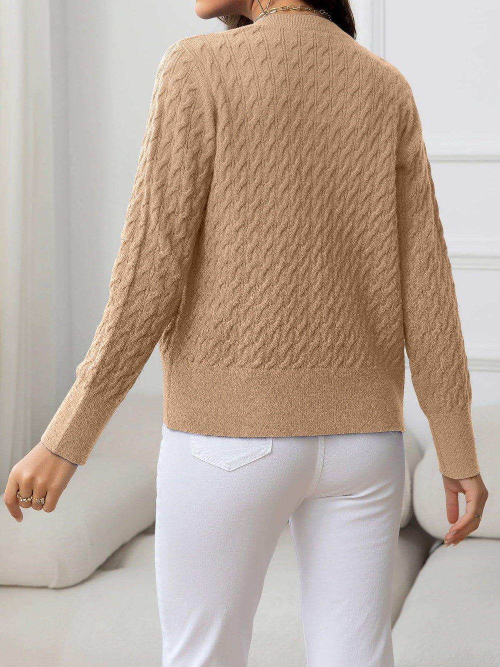 Round Neck Cable-Knit Buttoned Knit Top - Trendsi - Flyclothing LLC