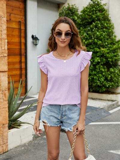 Plaid Ruffled Round Neck Cap Sleeve T-Shirt - Trendsi - Flyclothing LLC