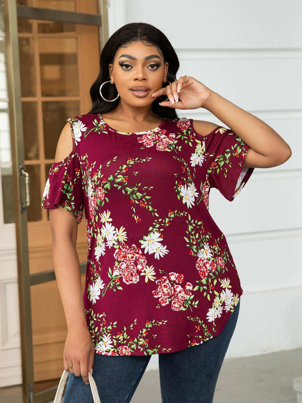 Plus Size Cold-Shoulder Round Neck Curved Hem Tee - Trendsi - Flyclothing LLC