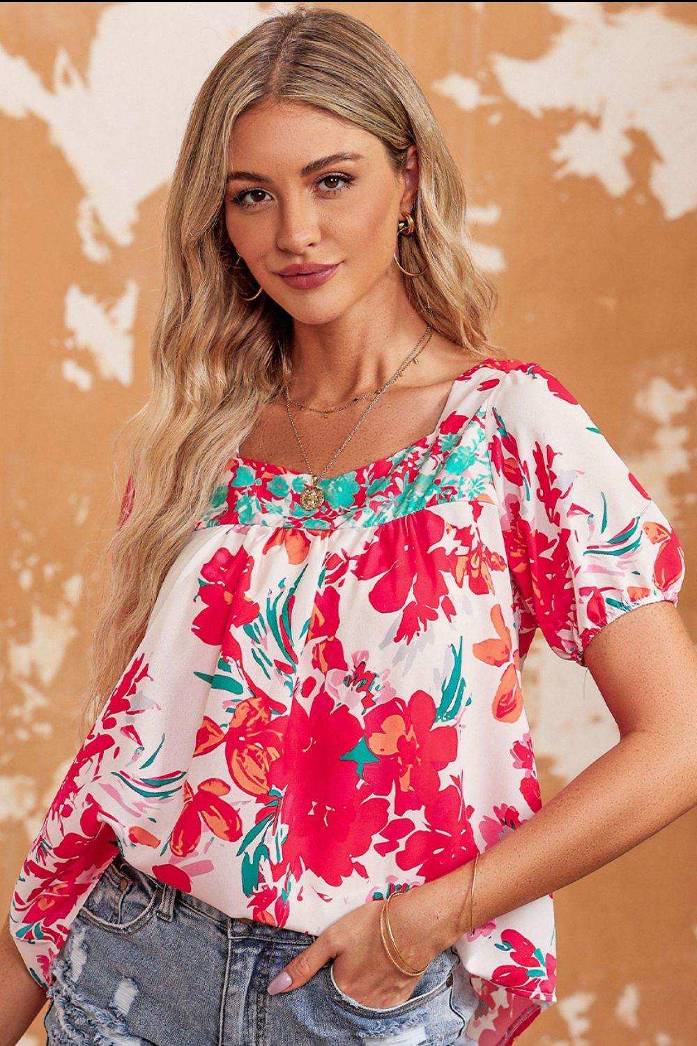 Floral Tie Back Square Neck Blouse - Trendsi - Flyclothing LLC