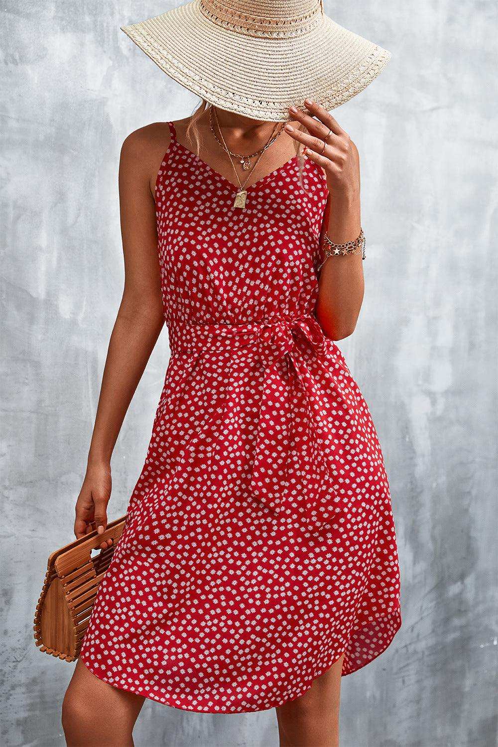 Printed V-Neck Tie Waist Mini Dress - Trendsi - Flyclothing LLC