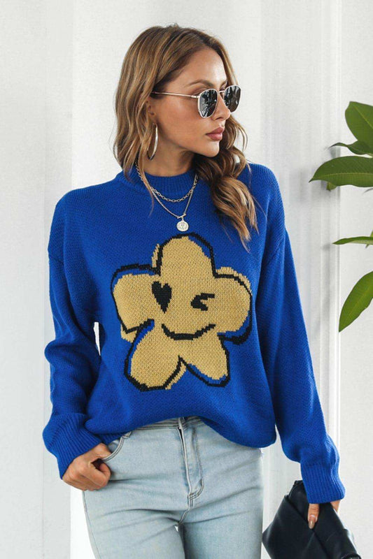 Flower Graphic Drop Shoulder Sweater - Trendsi - Flyclothing LLC