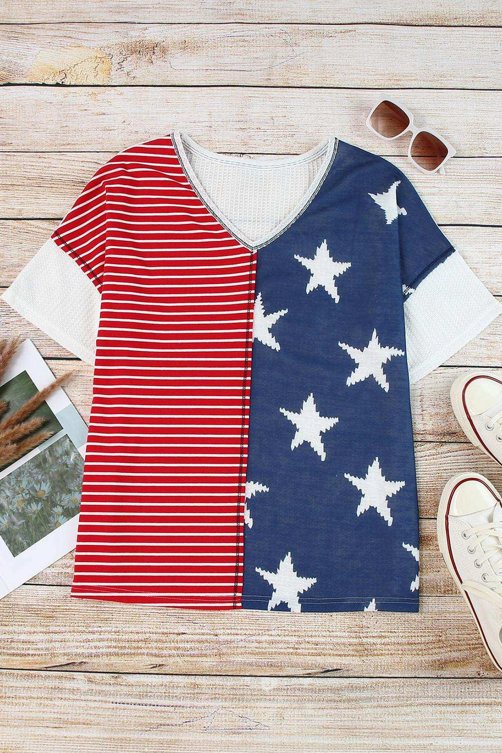 Star and Stripe V-Neck Top - Trendsi - Flyclothing LLC