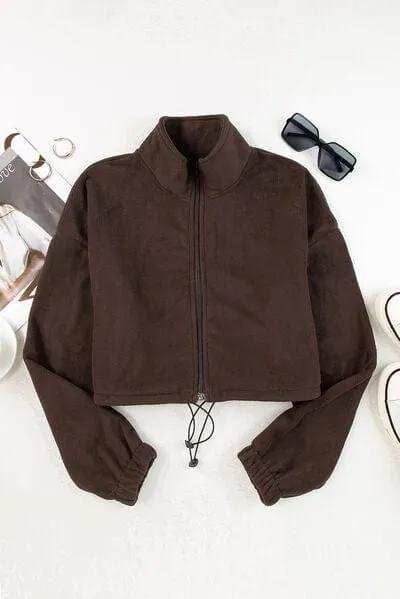 Drawstring Zip Up Dropped Shoulder Outerwear - Trendsi - Flyclothing LLC