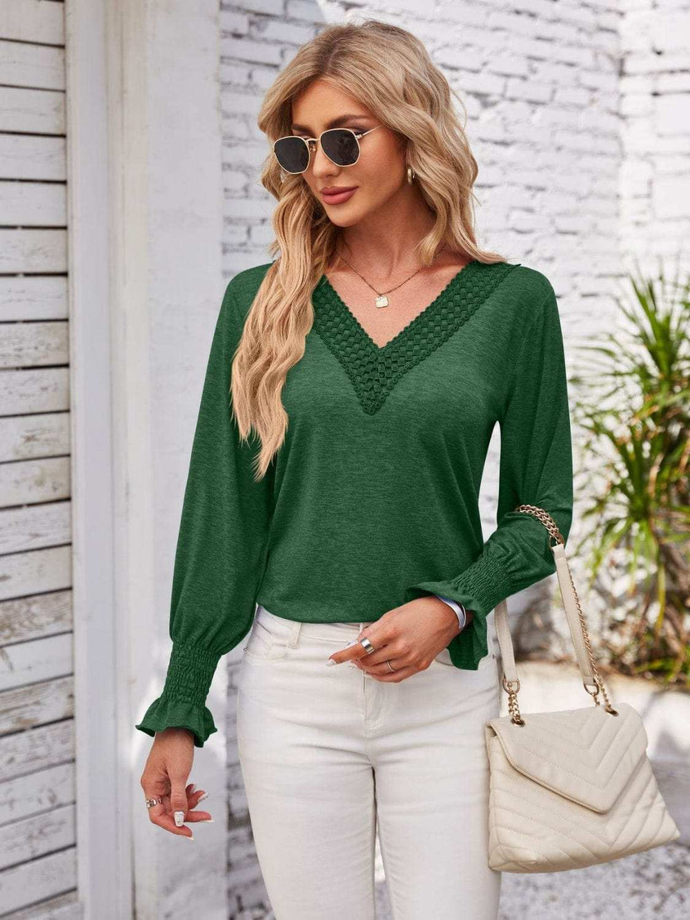 Smocked V-Neck Long Sleeve Blouse - Trendsi - Flyclothing LLC