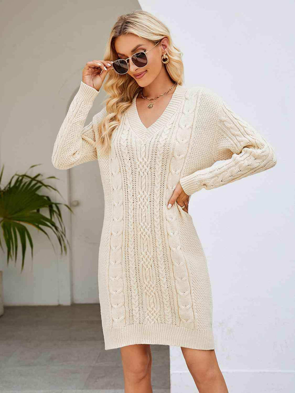 Cable-Knit V-Neck Mini Sweater Dress - Trendsi - Flyclothing LLC
