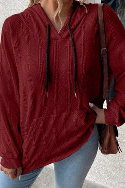 Textured Drawstring Kangaroo Pocket Hoodie - Trendsi - Flyclothing LLC