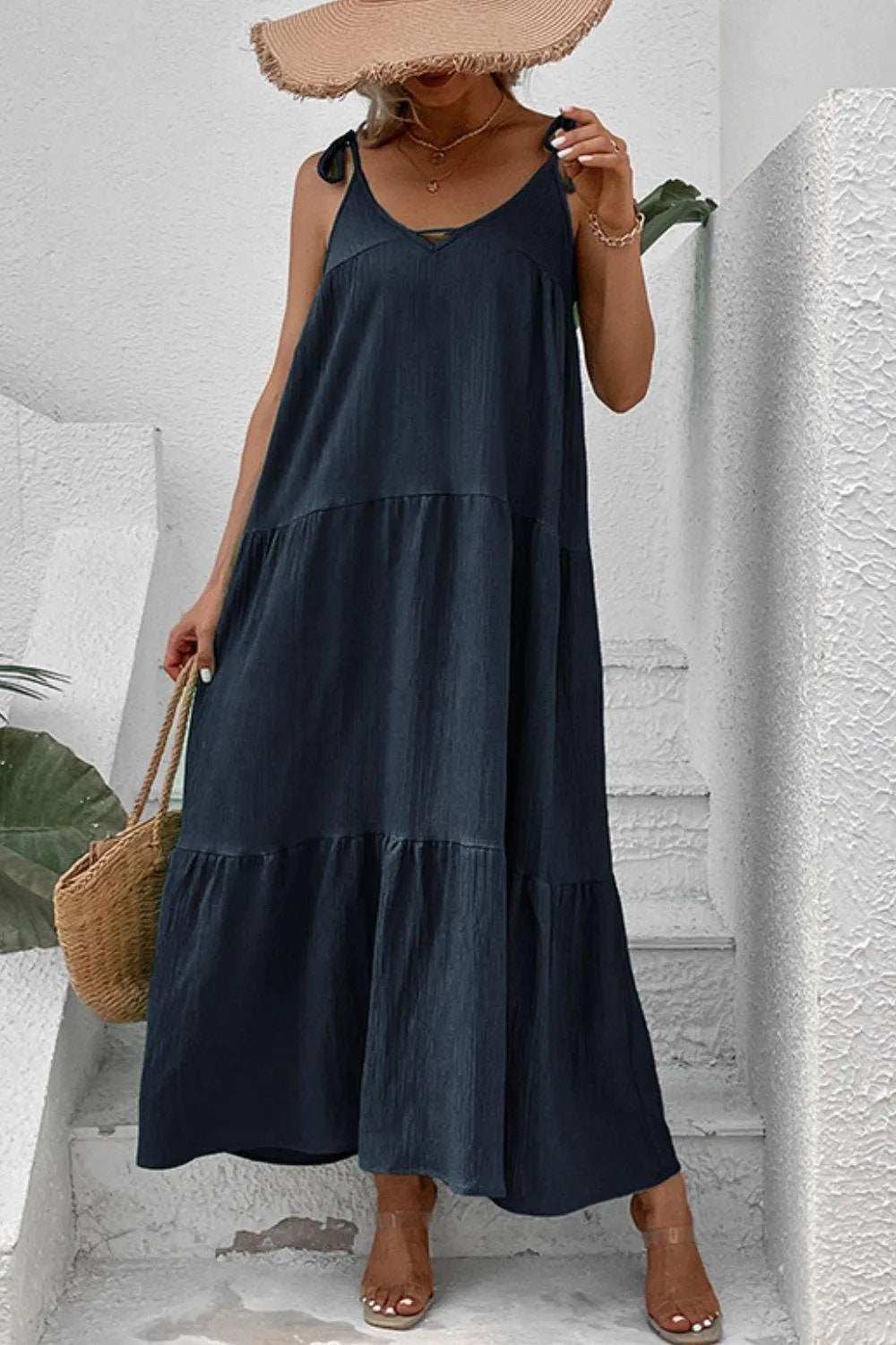 Tie-Shoulder Tiered Maxi Dress - Trendsi - Flyclothing LLC