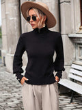 Mock Neck Ribbed Lantern Sleeve Pullover Sweater - Trendsi - Flyclothing LLC