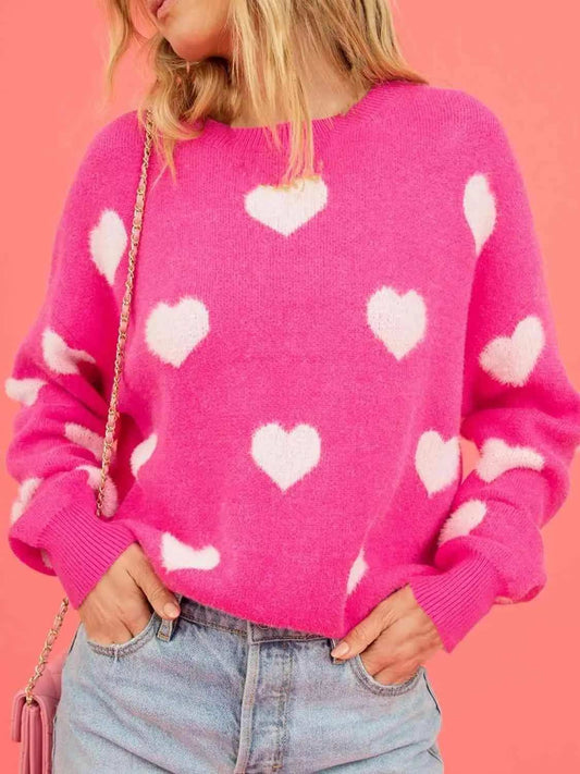 Heart Round Neck Drop Shoulder Sweater - Trendsi - Flyclothing LLC