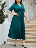 Plus Size Slit Surplice Short Sleeve Midi Dress - Trendsi - Flyclothing LLC