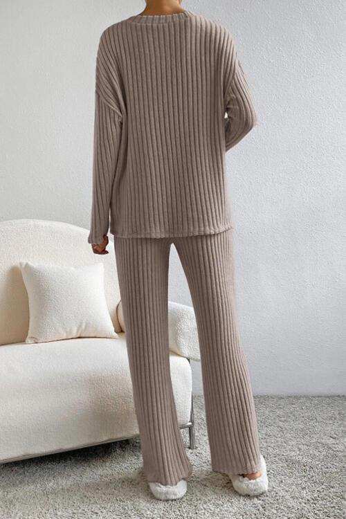 Ribbed V-Neck Top and Pants Set - Trendsi - Flyclothing LLC