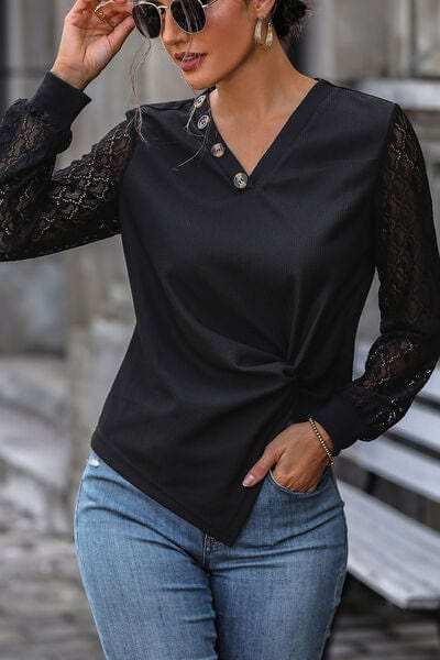 Twisted Decorative Button Long Sleeve T-Shirt - Trendsi - Flyclothing LLC