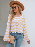 Round Neck Openwork Flare Sleeve Knit Top - Trendsi - Flyclothing LLC