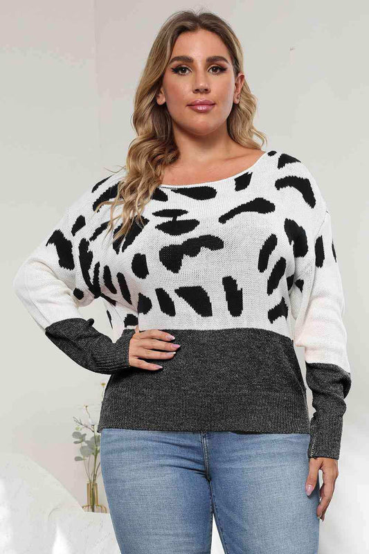 Plus Size Leopard Round Neck Long Sleeve Sweater - Trendsi - Flyclothing LLC