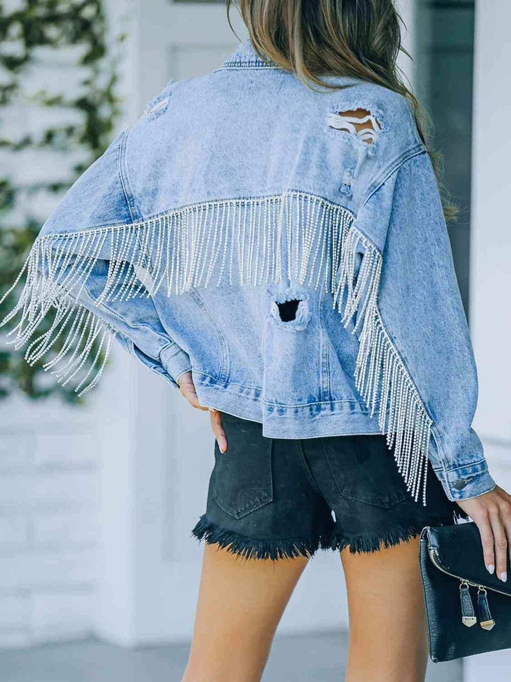 Distressed Fringe Denim Jacket - Trendsi - Flyclothing LLC