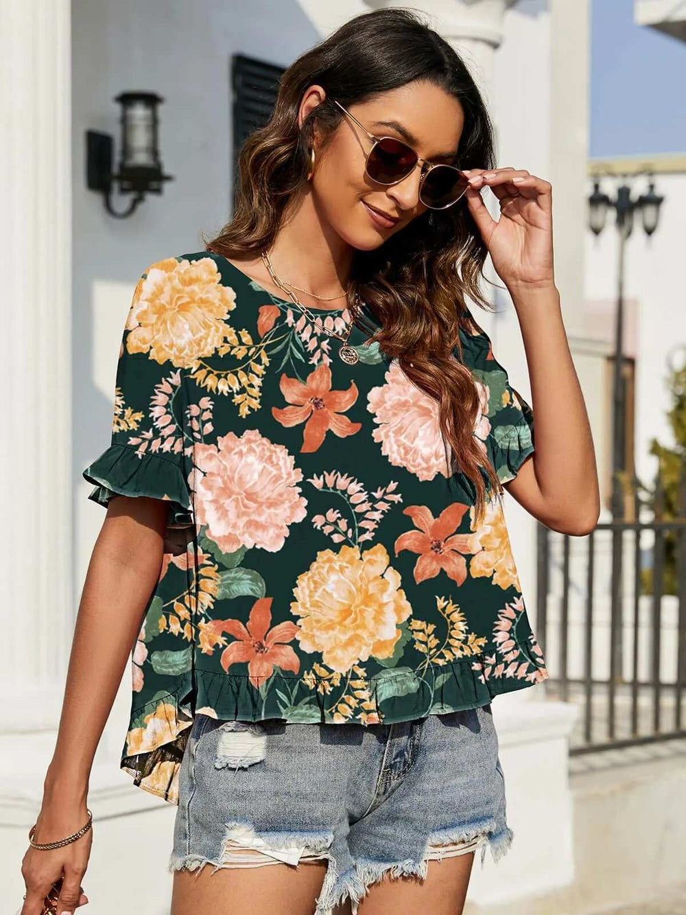 Floral Ruffled Flounce Sleeve Blouse - Trendsi - Flyclothing LLC