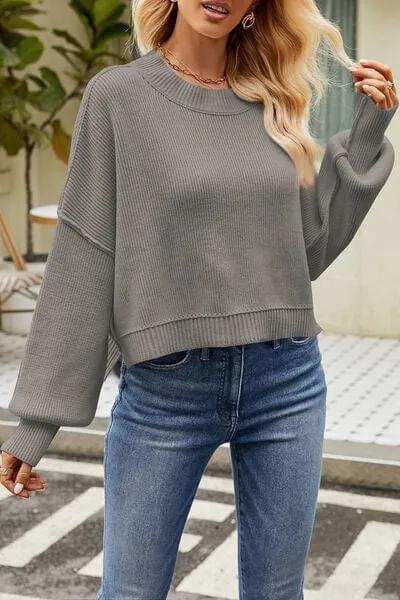Round Neck Dropped Shoulder Sweater - Trendsi - Flyclothing LLC