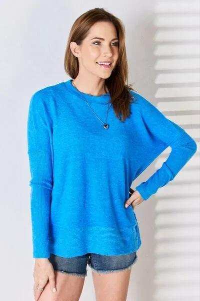 Zenana Ribbed Trim Round Neck Long Sleeve Top - Trendsi - Flyclothing LLC
