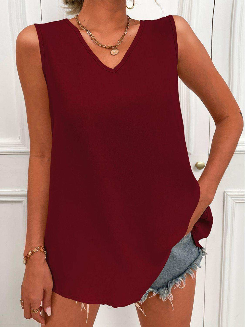 V-Neck Curved Hem Tunic Tank - Trendsi - Flyclothing LLC