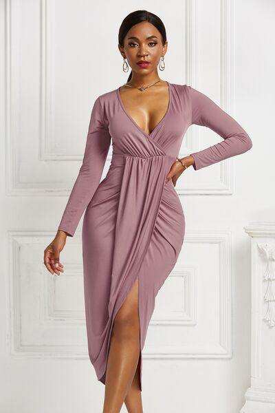 High-low Ruched Surplice Long Sleeve Dress - Trendsi - Flyclothing LLC