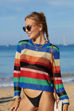 Rainbow Stripe Openwork Long Sleeve Cover-Up - Trendsi - Flyclothing LLC