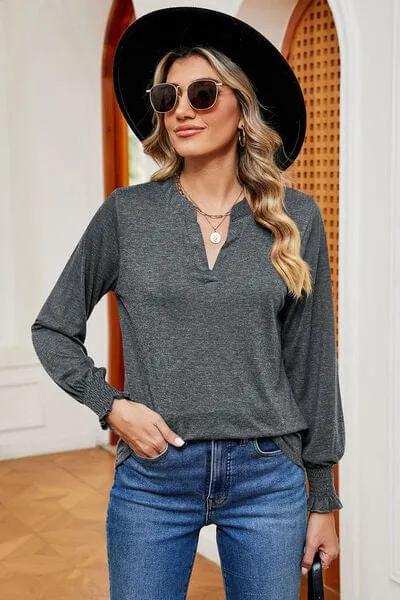 Notched Lantern Sleeve T-Shirt - Trendsi - Flyclothing LLC