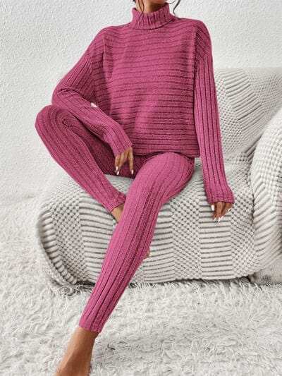 Ribbed Turtleneck Top and Pants Set - Trendsi - Flyclothing LLC
